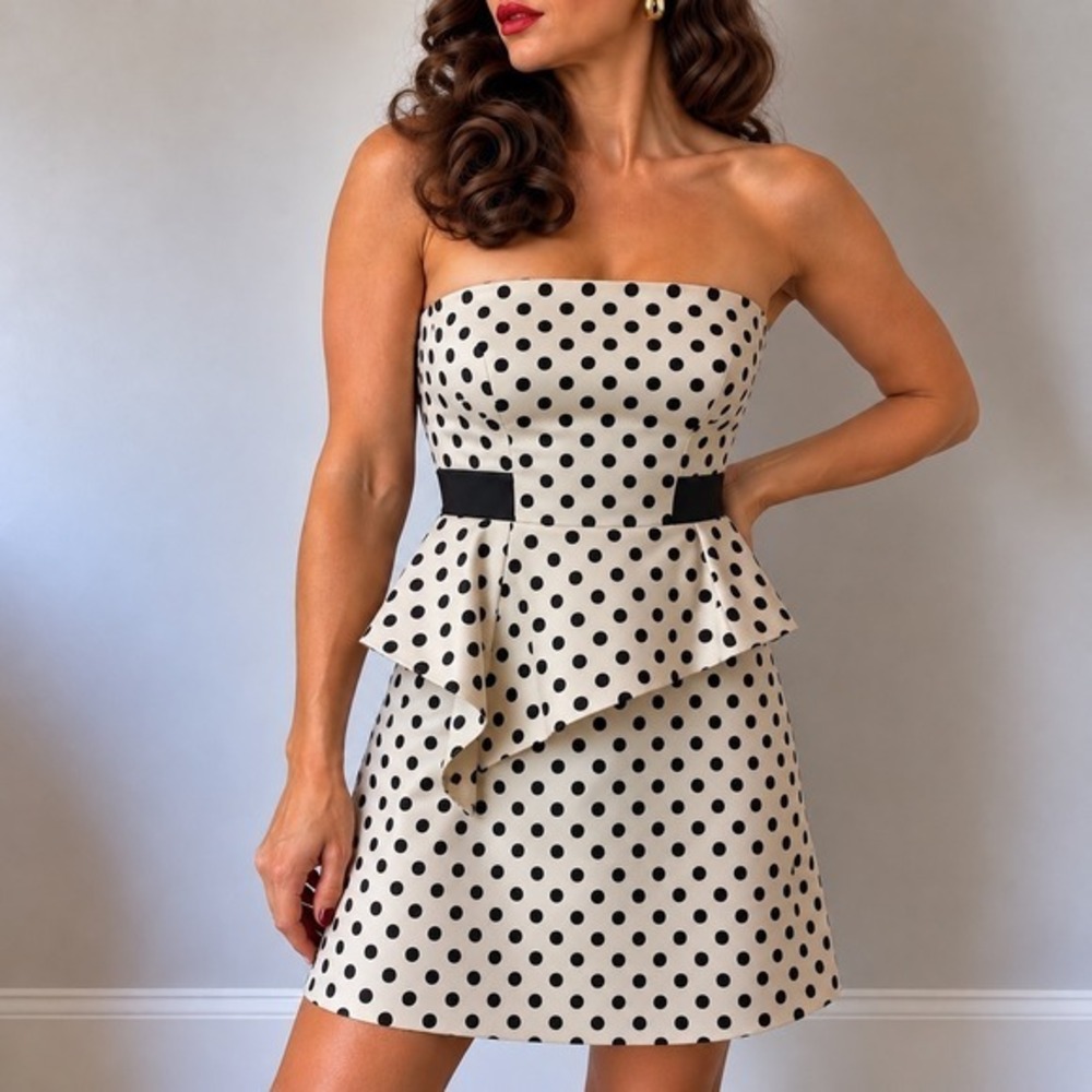 White House Black Market Polka Dot Strapless Peplum Dress Size 4 Retro Pinup